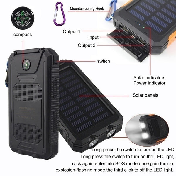 30000 mAh Waterproof Solar Power Bank Dual USB with SOS LED Charger Travel Powerbank for All Phone of All Over The World